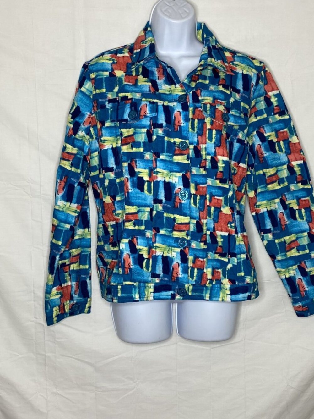 Drapers & Damons (L) Turquoise Abstract Lightweight Button-up Long Sleeve Jacket
